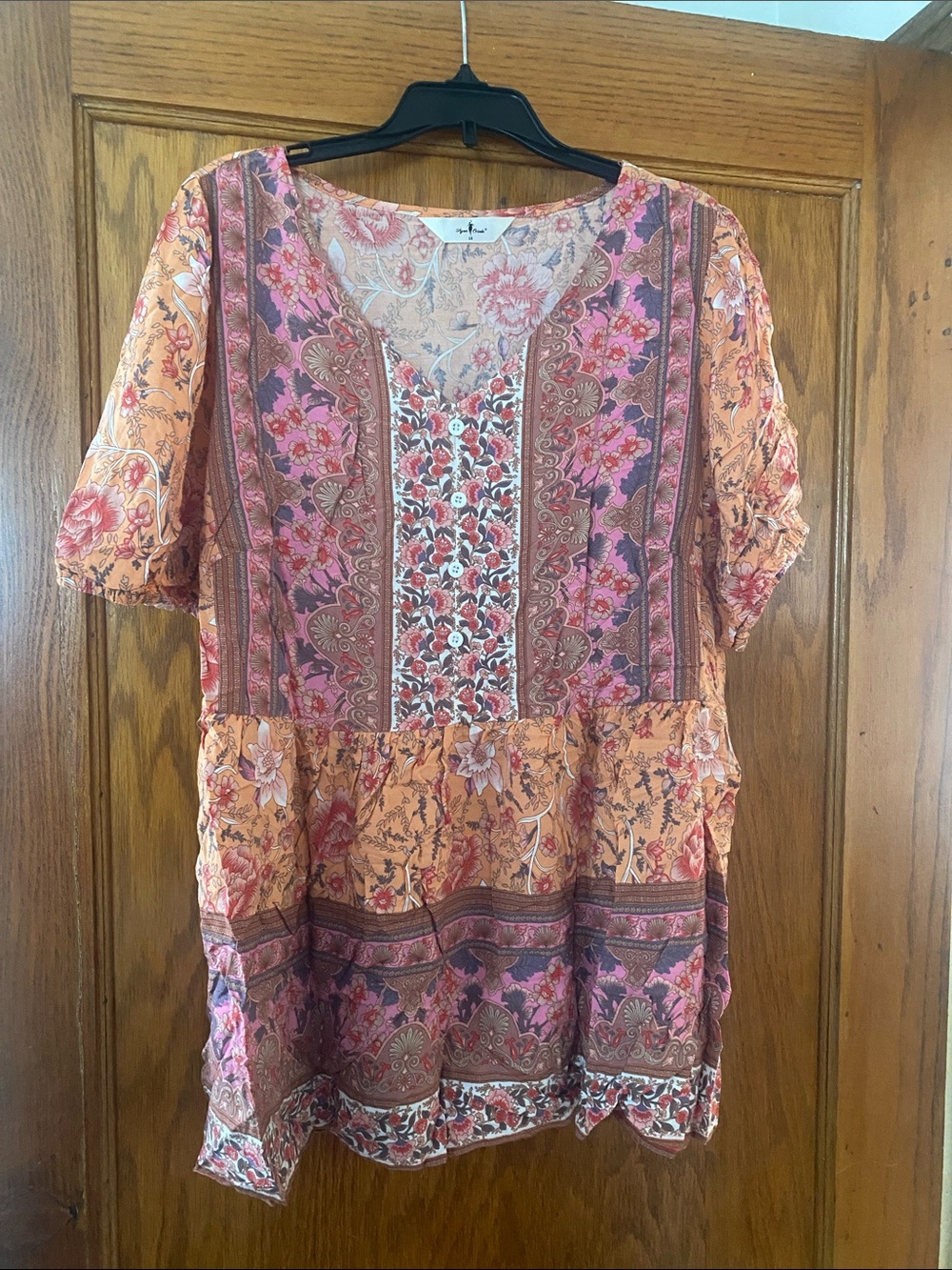 Floral Patchwork Boho Tunic Top - Pink/Peach